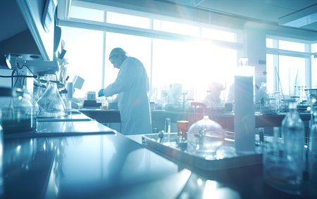 woman scientist in a bright and sunny laboratory working at desk with glass tubes, Generative AIの素材