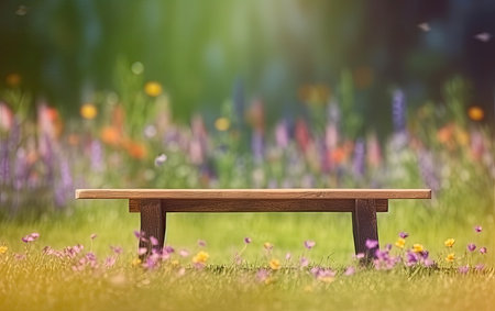 Wooden bench in a meadow with lush green bloomed flower garden background of grass and blurred foliage, Generative AIの素材
