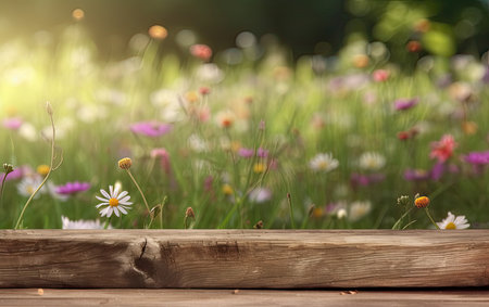 Wooden table in a summer meadow product display with lush green bloomed flower background of grass and blurred plants Generative AIの素材