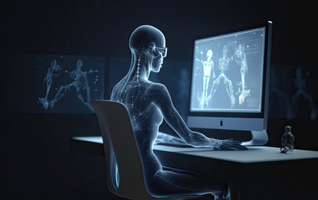 hi-tech human digital silhouette working on computer at desktop, Generative AIの素材