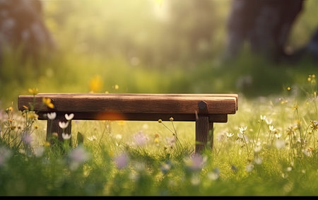 Wooden bench in a spring meadow with lush green bloomed flower garden background of grass and blurred foliage, Generative AIの素材