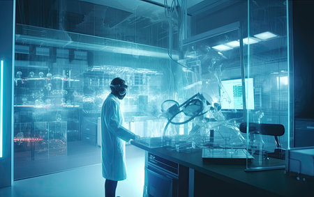 man scientist in a bright hi-tech laboratory working wearing mask, Generative AIの素材