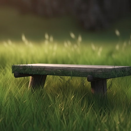 Wooden old bench in a meadow with green bright light in garden background of grass and blurred foliage bokeh, Generative AIの素材
