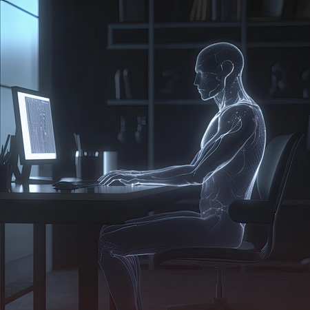hi-tech human digital silhouette working on computer at desktop, Generative AIの素材