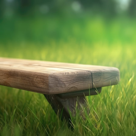 Wooden bench in a meadow with green bright light in garden background of grass and blurred foliage bokeh, Generative AIの素材