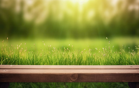 Wooden bench in a spring meadow with lush green bloomed  garden background of grass and blurred foliage, Generative AIの素材