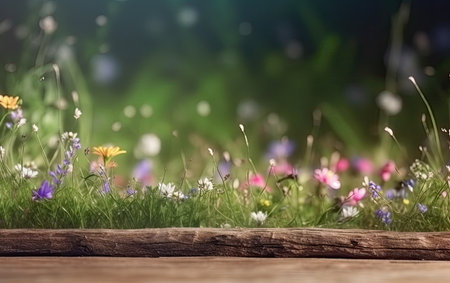 Wooden table in a meadow product display with lush green bloomed flower garden background of grass and blurred plants Generative AIの素材