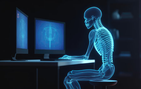 hi-tech human robot skeleton working on computer at desktop on digital screen Generative AIの素材