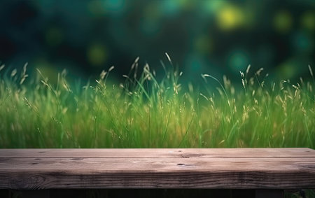Wooden bench in a meadow with green garden background of grass and blurred foliage bokeh, Generative AIの素材