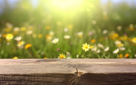 Wooden table in a meadow product display with lush green bloomed flower background of grass and blurred plants Generative AIの素材