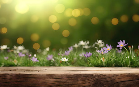 Wooden table in a meadow product display with lush green bloomed flower garden background of grass and blurred foliage, Generative AIの素材