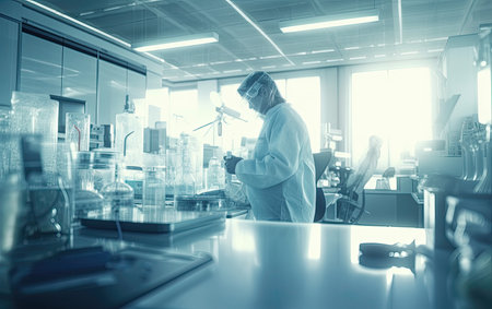 man scientist in a bright and sunny hi-tech laboratory working at desk with glass tubes Generative AIの素材
