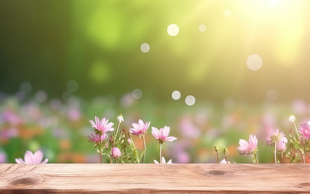 Wooden bench in a meadow with lush green bloomed flowers background of grass and blurred foliage, Generative AIの素材