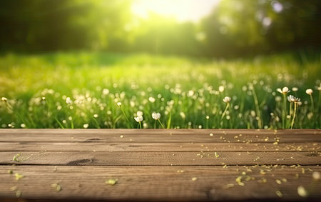 Wooden table product display with lush green flower garden background of grass and blurred foliage, Generative AIの素材