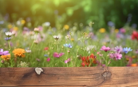 Wooden table in a summer meadow product display with lush green bloomed flower background of grass and blurred bright colourful plants Generative AIの素材