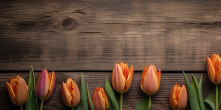 Tulips on wooden background. Top view with copy space.の素材