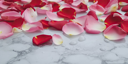 Rose petals and water drops on white marble surface with copy spaceの素材