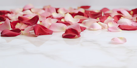 Rose petals on white marble background, shallow depth of field.の素材