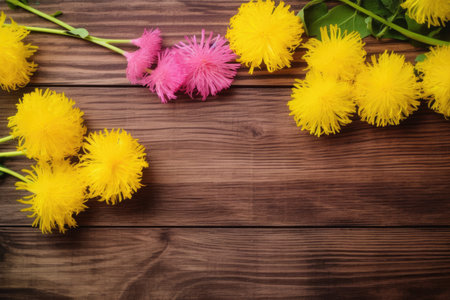 Yellow and pink mimosa flowers on wooden background with copy space.の素材