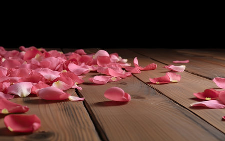 Rose petals on wooden table, closeup. Space for textの素材