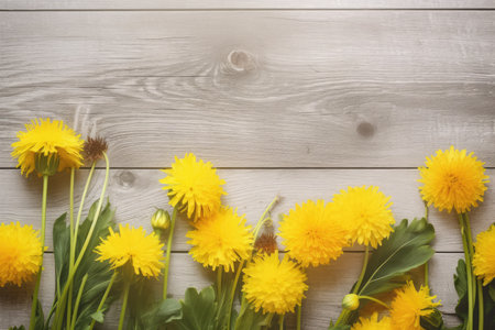 Yellow dandelions on wooden background. Top view with copy spaceの素材