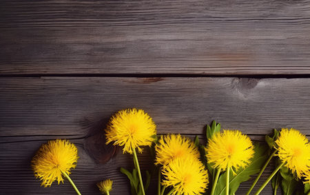 Yellow dandelions on wooden background. Top view with copy spaceの素材