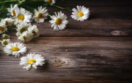 Chamomile flowers on a wooden background with copy space.の素材