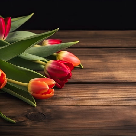 Bouquet of tulips on a dark wooden background. Copy space.の素材