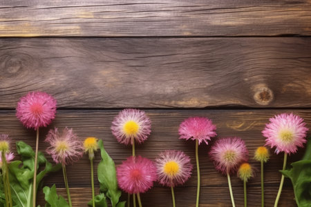 Colorful daisies on wooden background. Top view with copy spaceの素材