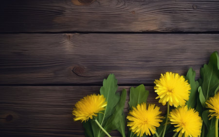 Yellow dandelions on wooden background. Top view with copy spaceの素材