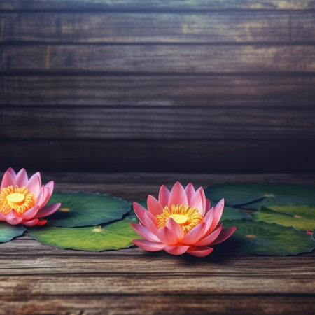 Beautiful pink lotus on old wooden background with copy space.の素材