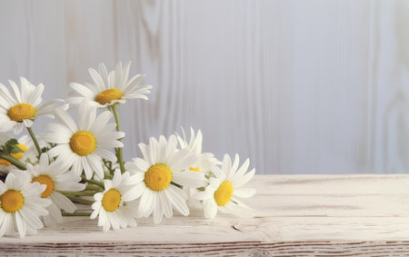 Beautiful daisies on wooden table against blurred background. Space for textの素材