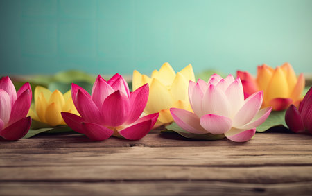 Lotus flower on wooden table with copy space for your text.の素材