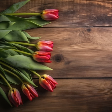 Bouquet of tulips on wooden background. Top view with copy spaceの素材