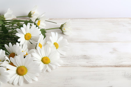 Beautiful chamomile flowers on white wooden table, closeupの素材