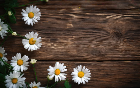 Daisy flowers on wooden background. Top view with copy space.の素材