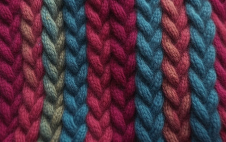 Colorful knitting wool texture background. Closeup of a hand knitted pattern.の素材