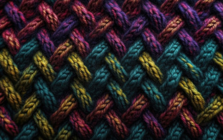 Knitted wool pattern. Handmade knitting wool texture. Colorful yarn background.の素材