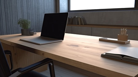 3D Rendering : illustration of a modern designer workspace with computer laptop and supplies on wooden table in the office.の素材
