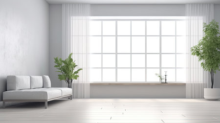 Modern bright interiors 3D rendering illustration. Living room with white sofaの素材
