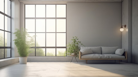 Interior of modern living room with gray walls, concrete floor, comfortable sofa and plant in pot. 3d renderingの素材