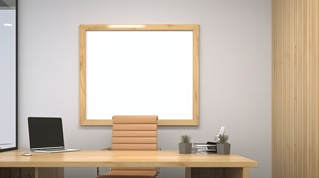 Office workplace with blank picture on the wall. 3D Renderingの素材