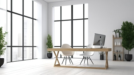 Interior of modern office with white walls, wooden floor, white computer table with white chairs and shelves with folders. 3d renderingの素材