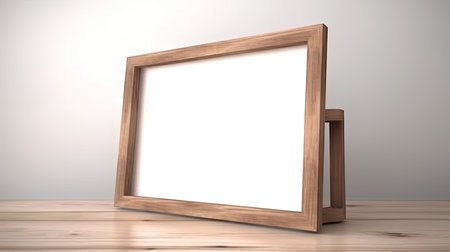 Wooden picture frame on a wooden table. 3D Renderingの素材