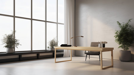 Interior of modern living room with white walls, tiled floor, panoramic window and wooden table. 3d renderingの素材