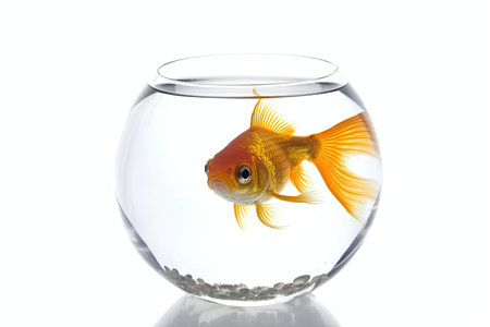 Goldfish in a glass bowl isolated on white background. Studio shot.の素材