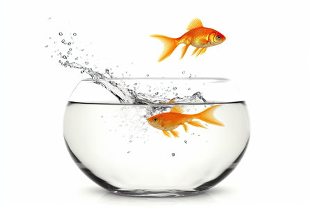 Goldfish jumping into aquarium with water splash isolated on white background.の素材