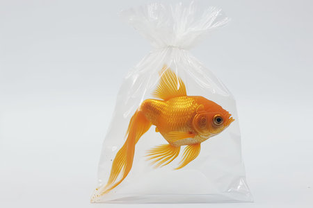 Goldfish in plastic bag on white background. Isolated with clipping path.の素材