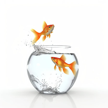 Goldfish jumping out of water. Isolated on white background.の素材