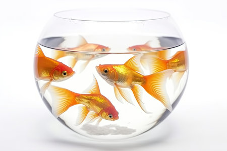 Goldfish in a bowl on a white background. Studio shot.の素材